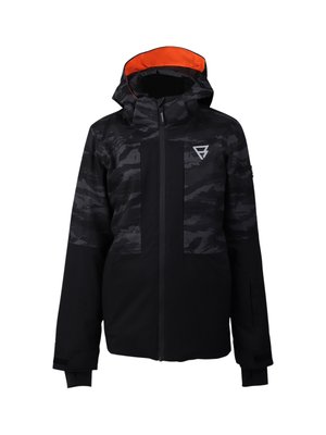 Schwarz und dunkelgraue Camouflage-Winterjacke mit Kapuze, zentralem Reißverschluss, orangefarbenem Innenfutter und weißem Logo auf der Brust.