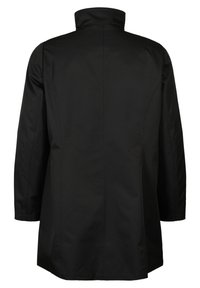 Black outerwear jacket with a high collar, smooth texture, knee-length design, and subtle seam detailing on the back.