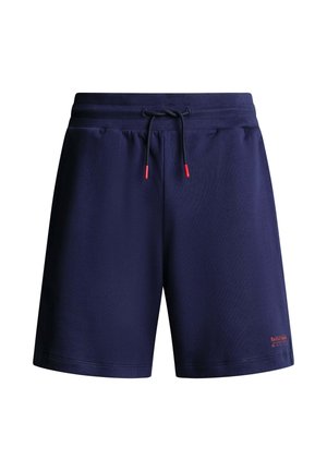 Tmavomodré športové šortky s elastickým pásom a čiernym sťahovacím šnúrkou s červenými koncami, a malým červeným logom na pravom dolnom diele nohavice.