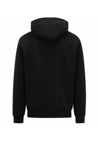 Hoodie nera con una texture morbida, dotata di un grande cappuccio, maniche lunghe e polsini e vita a costine. Nessun marchio o motivo visibile.