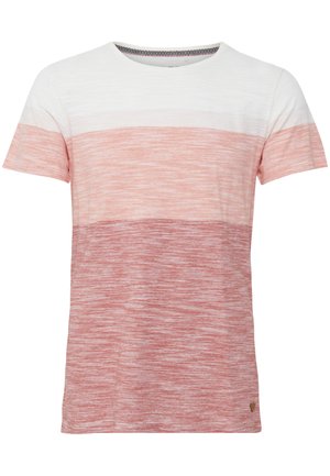 Short-sleeve T-shirt with horizontal stripes in white and various shades of pink, featuring a round neckline and a small logo accent.