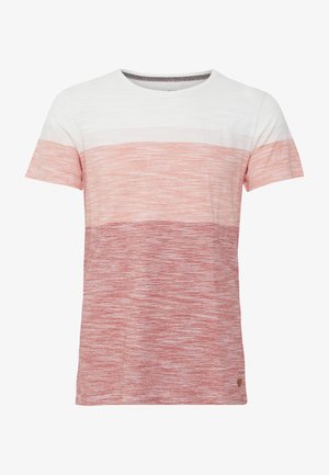 Kortermet T-skjorte med horisontale striper i hvit og forskjellige nyanser av rosa, med rundt nakkesnitt og en liten logo-akkcent.