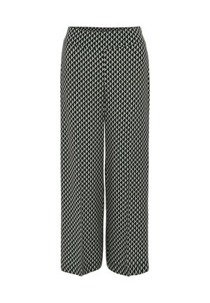 Wide-leg trousers in dark green fabric featuring a geometric cream triangle pattern. Elastic waistband, soft texture, and loose fit.