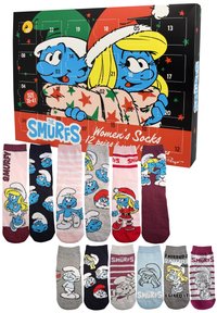 Set da 12 paia di calze da donna con personaggi colorati dei Puffi. Vari design in tonalità di blu, rosa, grigio e bordeaux.
