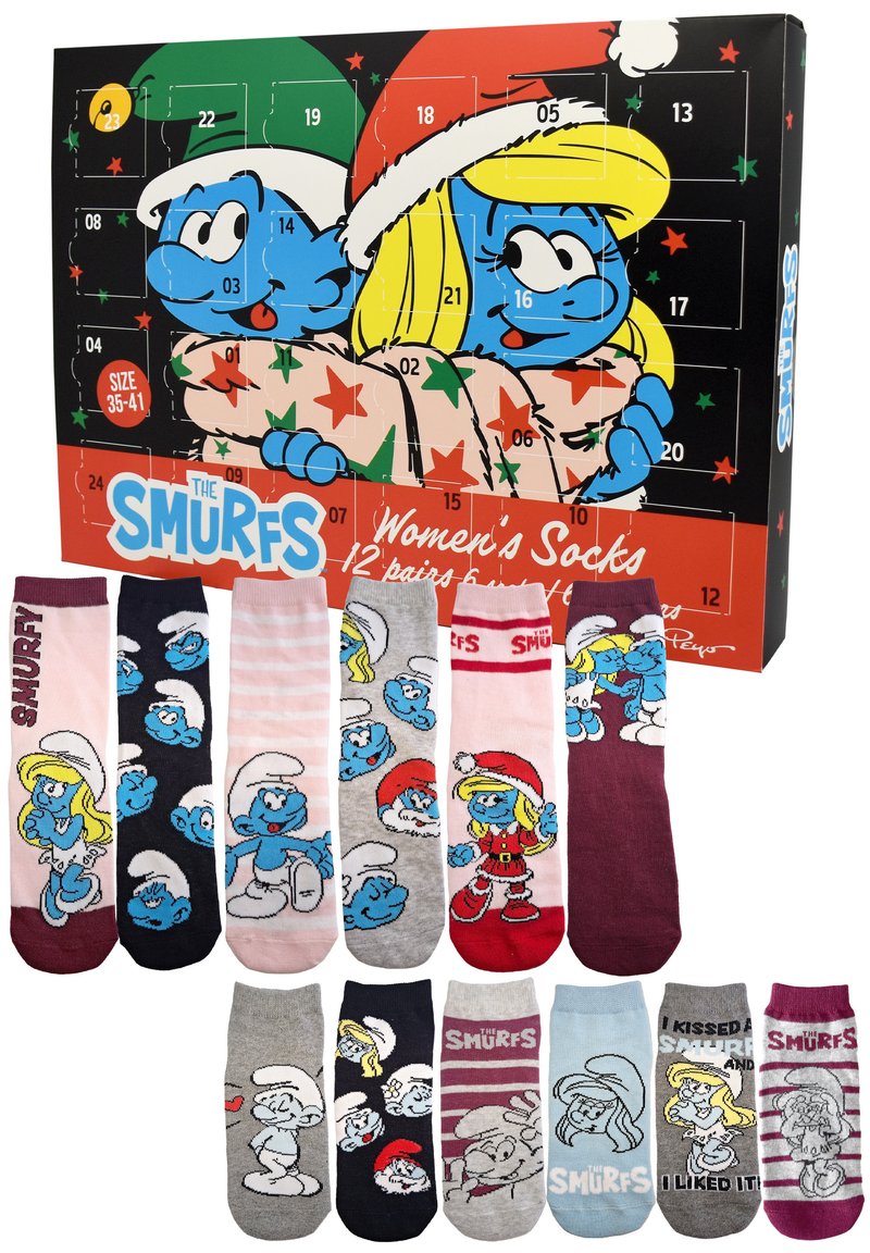 Set da 12 paia di calze da donna con personaggi colorati dei Puffi. Vari design in tonalità di blu, rosa, grigio e bordeaux.