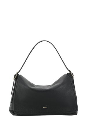 Black textured leather shoulder handbag with a single strap, gold-tone buckles, and small gold "abro" logo on the front center.