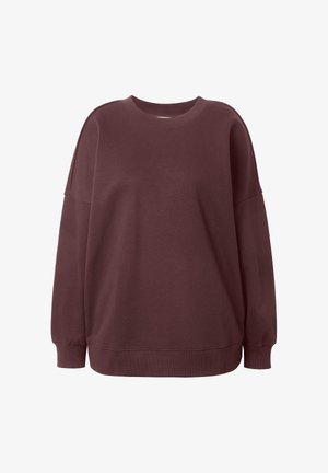 Langärmeliges, dunkelbraunes Rundhalssweatshirt mit gerippten Bündchen und Saum, auf weißem Hintergrund dargestellt.