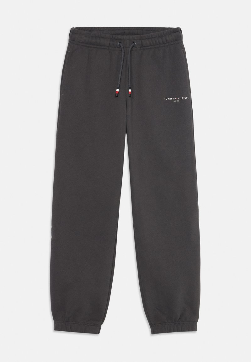 Dark gray sweatpants made of cotton blend. Features elastic waistband with drawstring, cuffed ankle hems, and white logo on front.