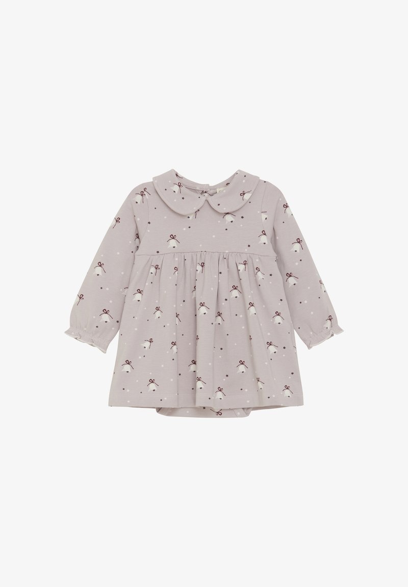 Hellgraues Kleid mit rundem Kragen, langen Ärmeln und gerafftem Taillenteil. Es hat ein Muster aus kleinen Glocken und Schleifen sowie elastischen Bündchen.