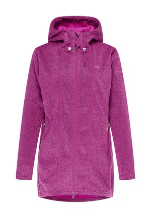 Langärmelige lila Fleecejacke mit Kapuze, Frontreißverschluss, verstellbaren Kordeln und seitlichen Reißverschlusstaschen, für Outdooraktivitäten konzipiert.