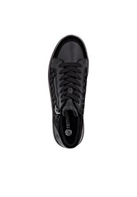 Baskets en cuir noir avec un motif géométrique complexe, bout rond, lacets plats et détail de fermeture éclair à l'extérieur. Doublure intérieure douce visible.