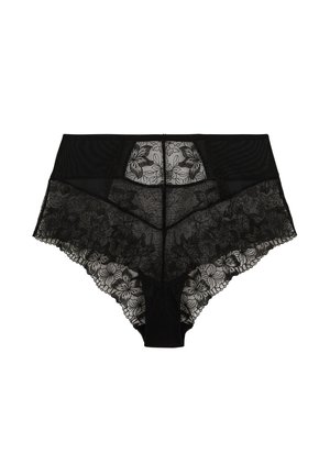 Lingerie noire taille haute ornée de détails en dentelle florale, de panneaux transparents et de bords festonnés, avec un dos lisse et uni pour un contraste supplémentaire.