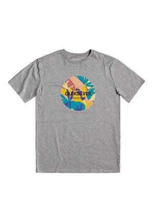 T-shirt gris à manches courtes avec un motif tropical rond coloré et le texte "Quiksilver Feeling Fine" centré sur le devant.