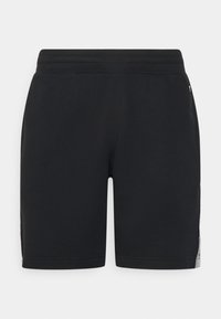 Pantalones cortos deportivos negros de tela suave, con una cinturilla elástica y franjas laterales con un patrón sutil. Sin bolsillos visibles.