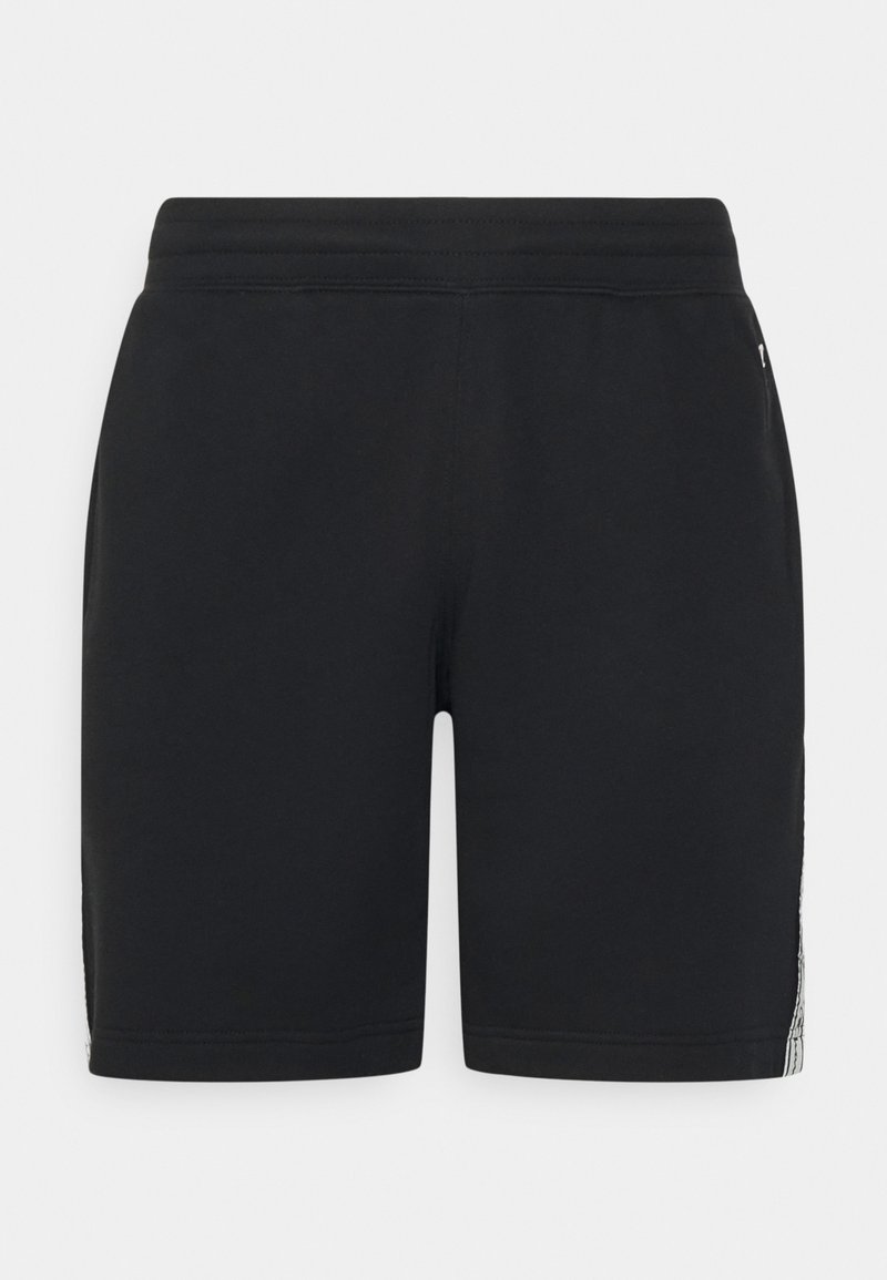 Pantalones cortos deportivos negros de tela suave, con una cinturilla elástica y franjas laterales con un patrón sutil. Sin bolsillos visibles.