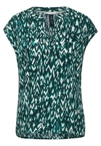 Blusa verde e bianca a motivi con maniche a cappuccio, scollatura a V e una vestibilità morbida. Il tessuto appare leggero con una superficie liscia.