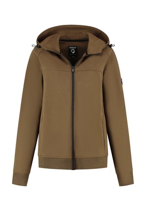 Bruine zip-up hoodie met voorzakken, verstelbare capuchonkoordjes, ribgebreide boorden en zoom, en een kleine patch op de linker mouw.