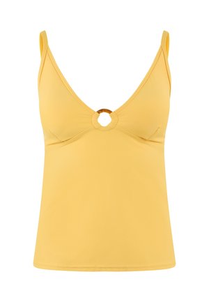 Gelbes Tank-Top aus glattem Material mit einem tiefen V-Ausschnitt, dünnen Trägern und einem zentralen kreisförmigen Ausschnitt.