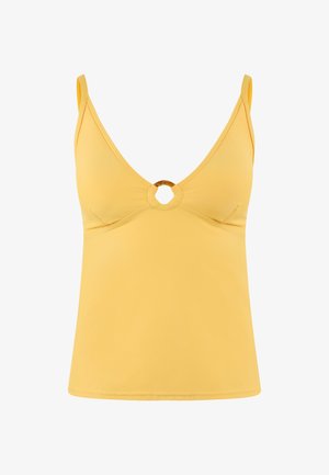 Gelbes Tank-Top aus glattem Material mit einem tiefen V-Ausschnitt, dünnen Trägern und einem zentralen kreisförmigen Ausschnitt.