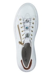 White sneaker with a smooth leather upper, gold hardware, decorative rhinestones on laces, and a side zipper for easy wear.