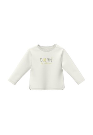 Kremowa koszulka niemowlęca z długim rękawem, z zatrzaskami na ramieniu oraz napisem "Born to shine" i grafiką słońca na przodzie.