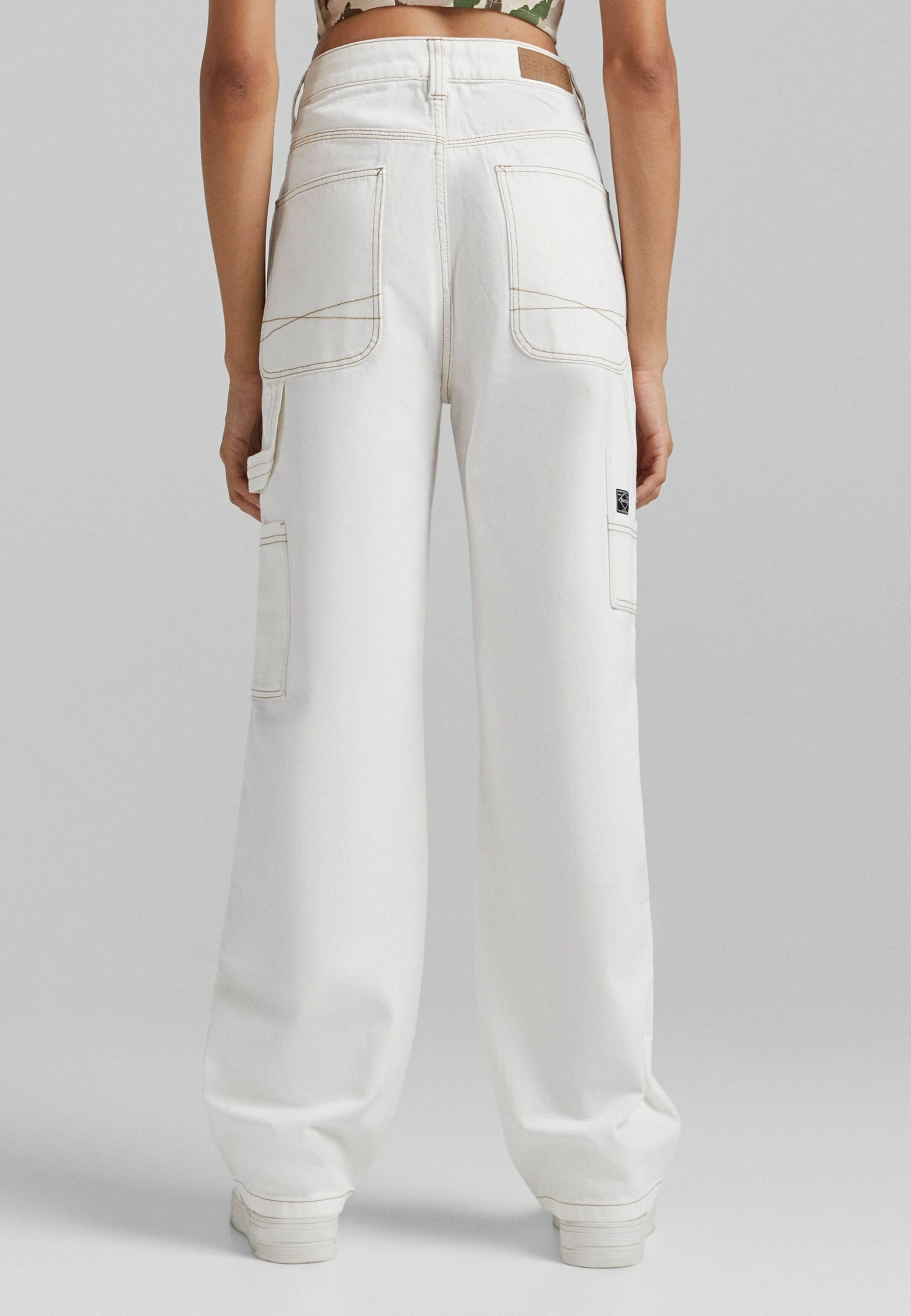 Bershka STRAIGHT -CARPENTER TWIL CONTRAST JEANS - Flared Jeans - white/weiß  - Zalando.de