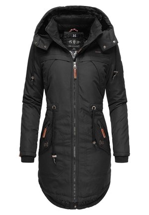 Manteau d'hiver long noir avec capuche, fermeture éclair à l'avant, cordons à la taille, poches zippées et boutonnées, et poignets côtelés.