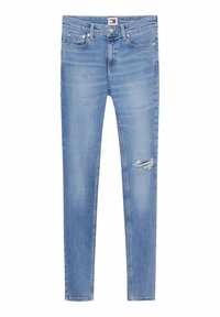 Jeans skinny de un azul claro con un pequeño desgaste en el muslo derecho y diseño de cinco bolsillos, que presentan un logo de Tommy Hilfiger en el bolsillo para monedas.