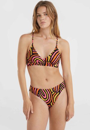 Set di bikini composto da un bralette triangolare con spalline sottili e un slip a vita alta. Decorato con audaci vortici arancioni, rosa e neri.