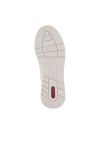Suola della scarpa con una superficie in gomma beige testurizzata, caratterizzata da un battistrada a motivi per migliorare la presa e un logo rosso scuro nella zona del tallone.