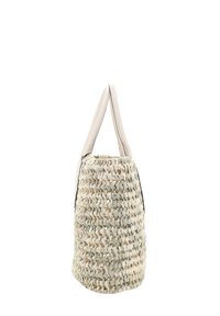 Woven bag with a cylindrical shape, featuring cream and mint green tones, leather handles, and intricate texture from the weaving pattern.