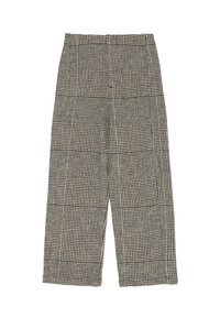 Czarno-białe spodnie w kratę o teksturowanej powierzchni, z szerokimi nogawkami i wysokim stanem. Tkanina prezentuje różnorodne wzory.