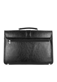 Black leather briefcase with a smooth texture, a top handle, and a front zipper pocket. Features minimalist design and silver hardware accents.
