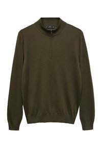 Pull-over vert olive avec col montant et fermeture éclair à mi-hauteur. Confectionné en tissu doux, avec des poignets et un ourlet côtelés.