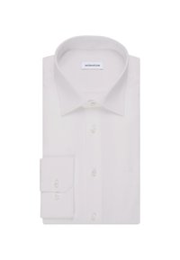 Witte dress-shirt met een klassieke kraag, vooraan knopen en een borstzak; heeft een gladde textuur en knoopmanchetten.