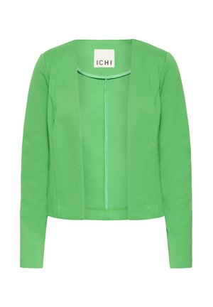 Green women's blazer with a relaxed fit, open front, long sleeves, and a lightweight, smooth texture. Features a cropped design with minimal detailing.