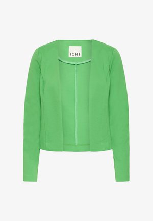 Grüner Damenblazer mit lockerer Passform, offenem Vorderteil, langen Ärmeln und leichtem, glattem Material. Verfügt über ein kurzes Design mit minimalen Details.