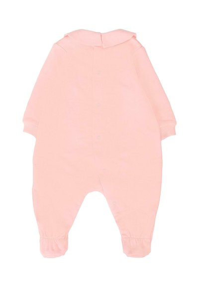 Pink cotton onesie with a collar, long sleeves, and elastic cuffs. Features snap closures along the front for easy dressing.