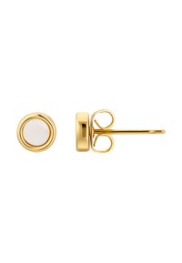 Orecchini a perno in tono oro con un design circolare e un centro bianco lucido. Superficie liscia e finitura lucidata.