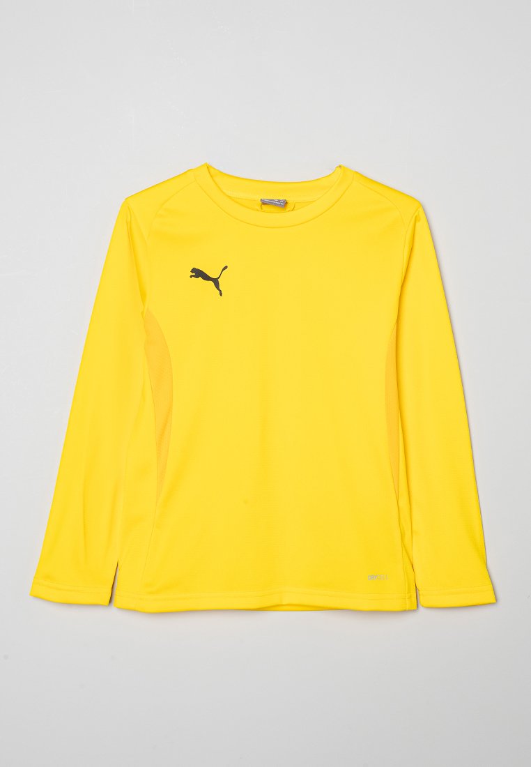 T-shirt de sport à manches longues jaune avec le logo Puma noir sur la poitrine gauche et un petit texte "dryCELL" près de l'ourlet inférieur.