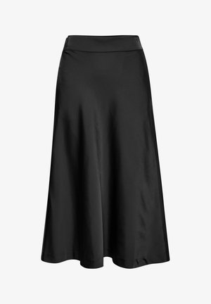 Black, knee-length A-line skirt in a smooth, lightweight fabric with a wide, elastic waistband and subtle drape. No visible patterns or hardware.
