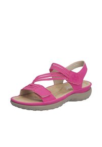 Pink sandal with a flexible strap design. Features textured straps, a cushioned footbed, and a lightweight, durable sole.