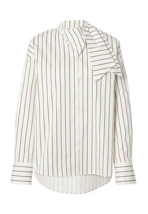 Weiße Bluse mit vertikalen braunen Streifen, langen Ärmeln, einer gebundenen Schleife am Hals und einem abgerundeten Saum. Glattes Material mit strukturiertem Kragen und Manschetten.