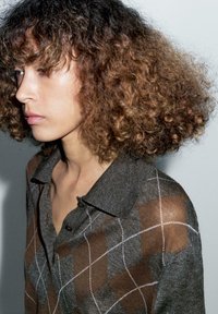 Bruine en grijze geblokte blouse met een kraag, voorzien van doorzichtige panelen. Gelaagd stof met een ruitpatroon, benadrukt door witte stiksels.