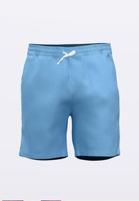 Shorts de bain bleus en tissu lisse, dotés d'une ceinture élastique avec un cordon blanc et d'un design simple.