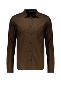 Bruine overhemd met lange mouwen, voorzien van een subtiel patroon van kleine stippen, standaard kraag en zwarte knopen. Soepele stoftextuur.