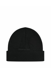 Beanie nera a maglia con risvolto, tessuto testurizzato e logo "AX" in rilievo. Design semplice e aderente.