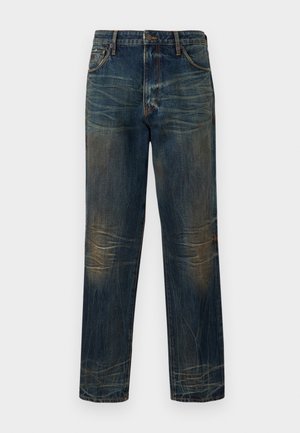 Blue denim straight-leg jeans featuring a faded finish, subtle whiskering, and orange stitching on the seams with five pockets.