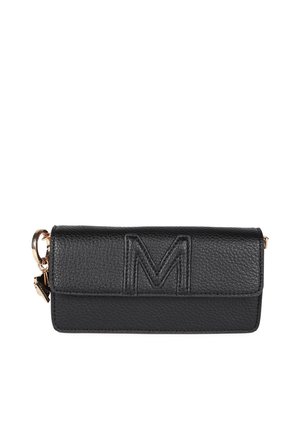 Black leather clutch with embossed "M" logo, a flap closure, and gold-tone hardware. Features a textured surface and a side key ring.