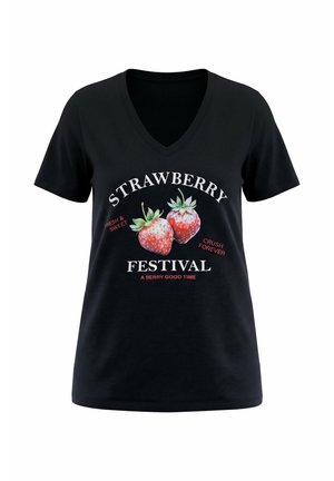 Czarny T-shirt z dekoltem w serek, z dwoma truskawkami i tekstem "Strawberry Festival", "Fresh & Sweet", "Crush Forever" oraz "A Berry Good Time."